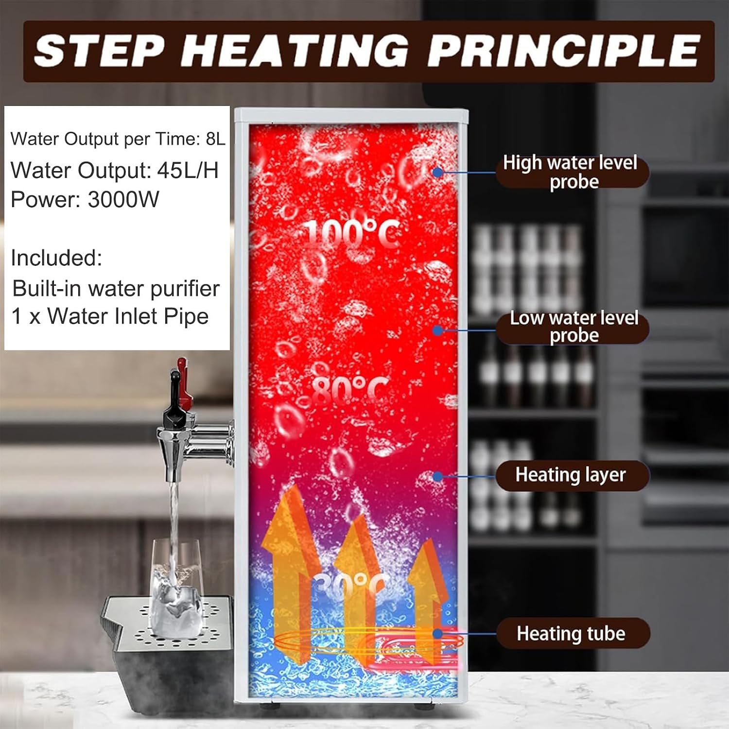 Hot Water Dispenser for Home, 3000W Electric Water Boiler with Dual Faucet, LCD Touch Screen, Commercial Water Boiler for Coffee Tea Restaurant Office,Black-Cold hot