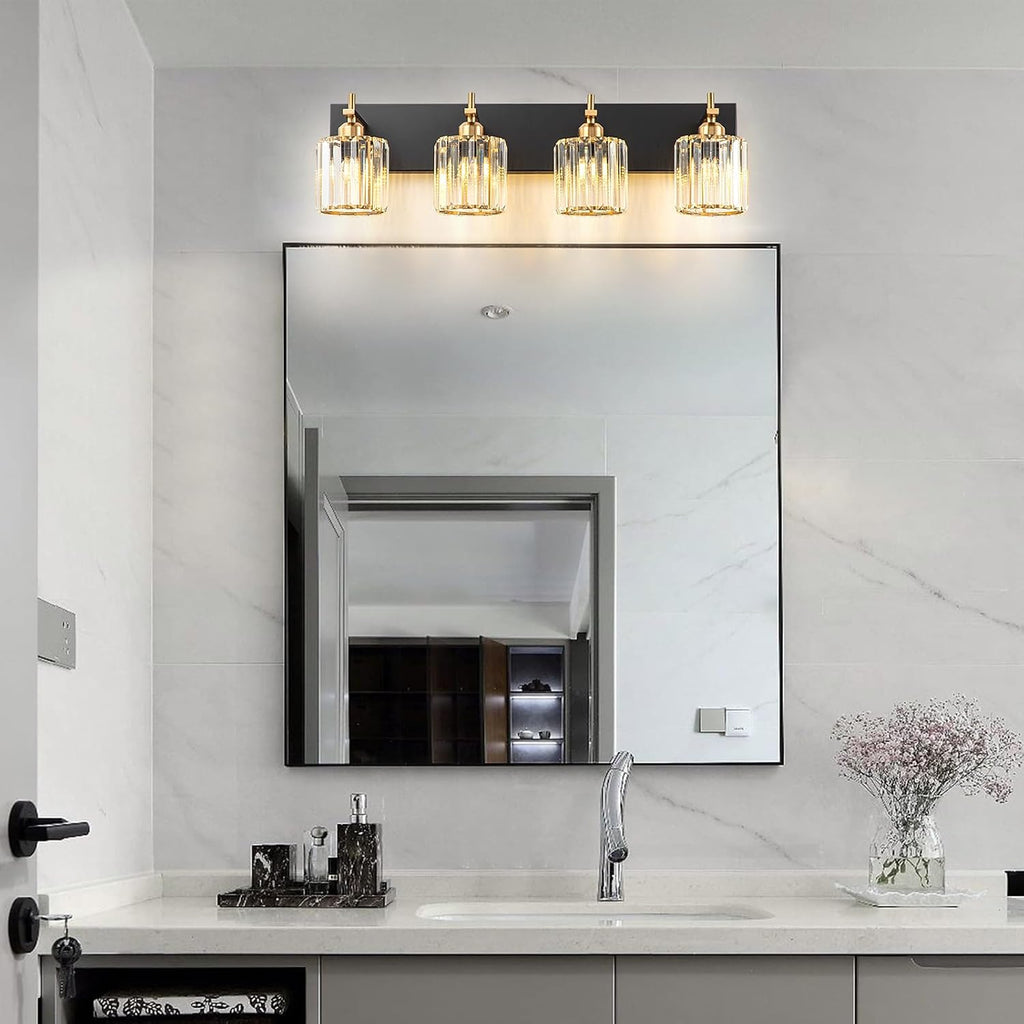 Black Gold Crystal Bathroom Vanity Light, Modern 4-Lights Bathroom Light Fixtures Over Mirror, Crystal Wall Lighting with Polished Gold Finish