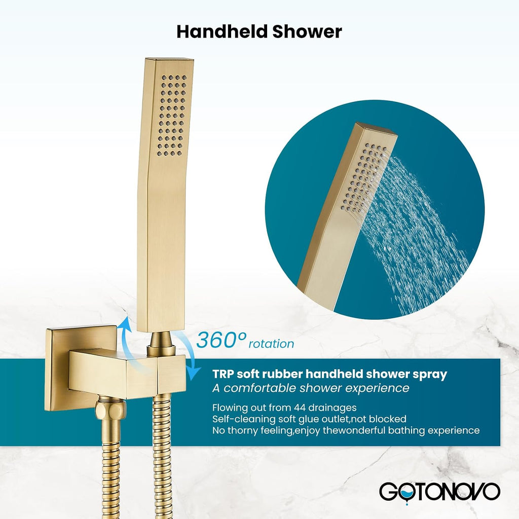 gotonovo 10'' Rain Shower Faucet System Rainfall Shower Head with Handheld Sprayer Waterfall Tub Spout Wall Mounted Mixer Combo Rough-in Valve and Trim Included 7.9 Inch Wide Spout Brushed Gold