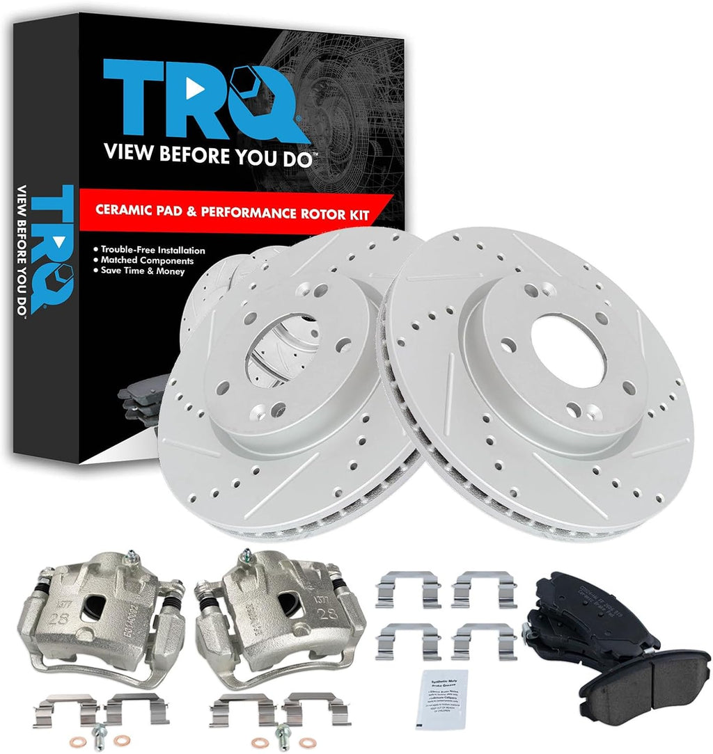 TRQ Performance Front Brake Pad and Rotor Set Ceramic Coated Drilled Slotted Vented Rotors Calipers Compatible with 2005-2009 Hyundai Tucson 2005-2010 Kia Sportage