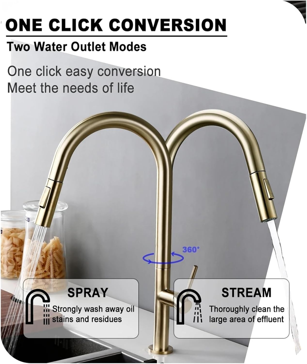 Brass Brushed Gold Black 360 Degree Rotation Kitchen Hot and Cold Water Sink Taps Pull Out Spout Kitchen Faucet(Brushed Gold)