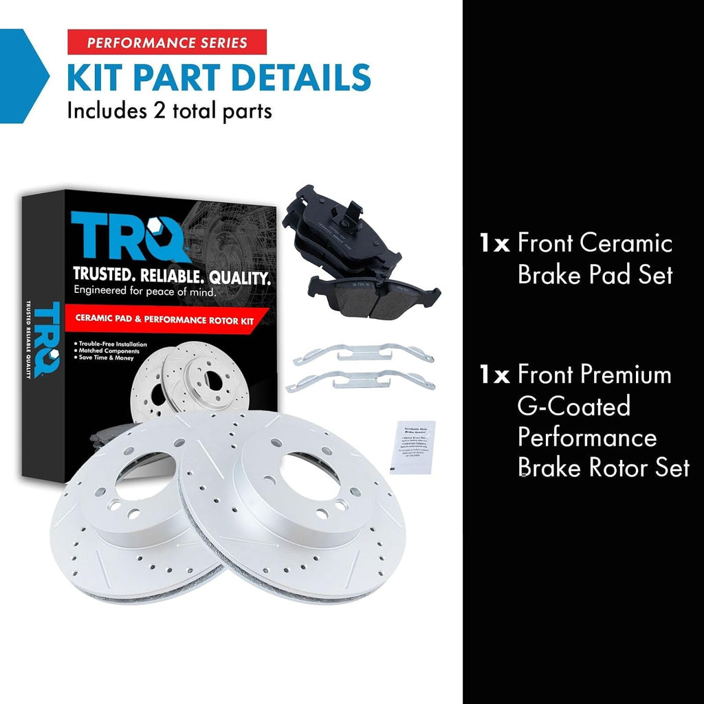 TRQ Performance Front Brake Pad and Rotor Set Ceramic Drilled Slotted Coated Vented Rotors Compatible with 99-00 328i 2000 323Ci 323i 328Ci 01-06 325Ci 01-05 325i 325xi 01-02 Z3 03-05 Z4