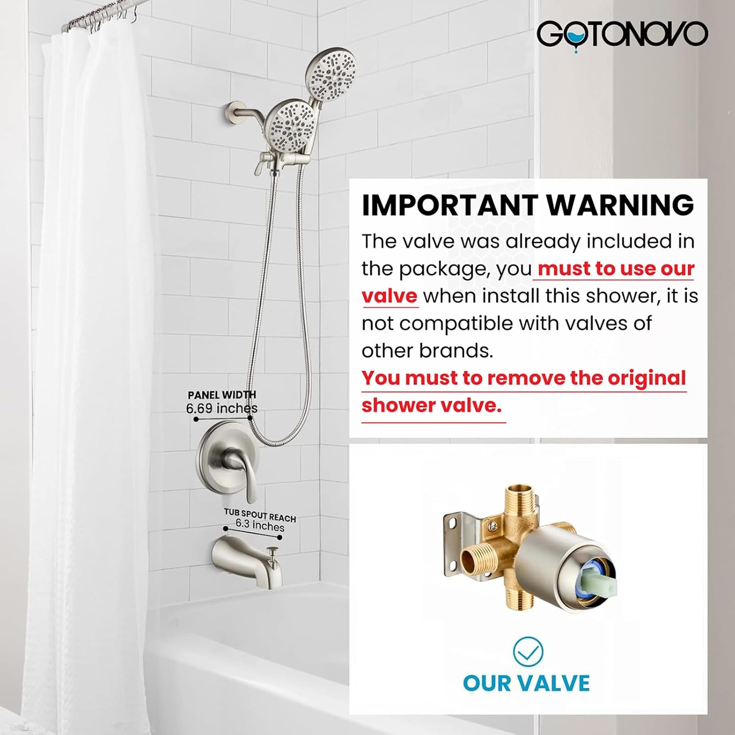 gotonovo Tub Shower Faucet Set,2 in 1 Dual Shower Head and Handle Set with Tub Spout Wall Mount Bathroom Shower Trim Kit with 3-way Water Diverter Valve Included Various Modes Brushed Nickel