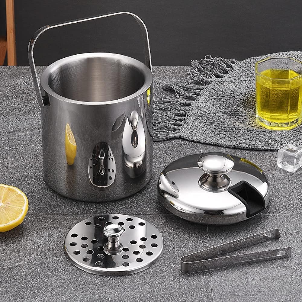 Ice and Wine Bucket,Ice Bucket,Hidden Double Wall Bar Ice Bucket Set 1.3L Stainless Steel Ice Bucket Including Lid,Tongs and Strainer,Drinks Cooler Buckets Great for Home Bar,Party,Chilling Beer,Cha