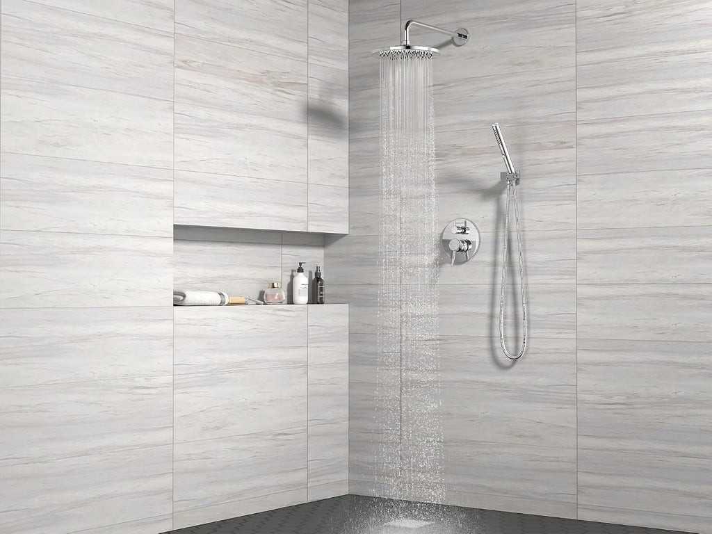Lava Odoro Modern 2-Setting Round Rain Shower System with Handheld Spray, Chrome Rainfall Shower Faucet Set Rain Shower Head and Handle Set, Shower Valve Trim Kit,10 Inch, Chrome, SF104-C