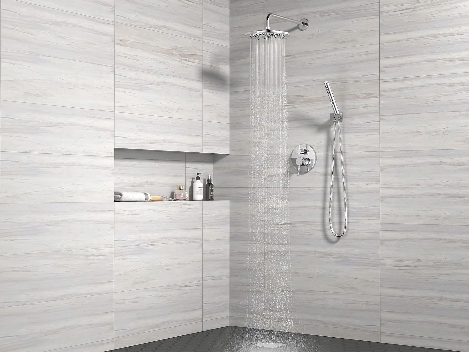 Lava Odoro Modern 2-Setting Round Rain Shower System with Handheld Spray, Chrome Rainfall Shower Faucet Set Rain Shower Head and Handle Set, Shower Valve Trim Kit,10 Inch, Chrome, SF104-C