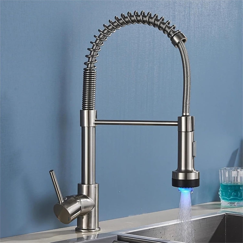 LED Kitchen Faucet Pull Down 360 Degree Rotation Hot and Cold Water Mixer Sink Deck Mounted Spring Tap(Brushed Nickel)