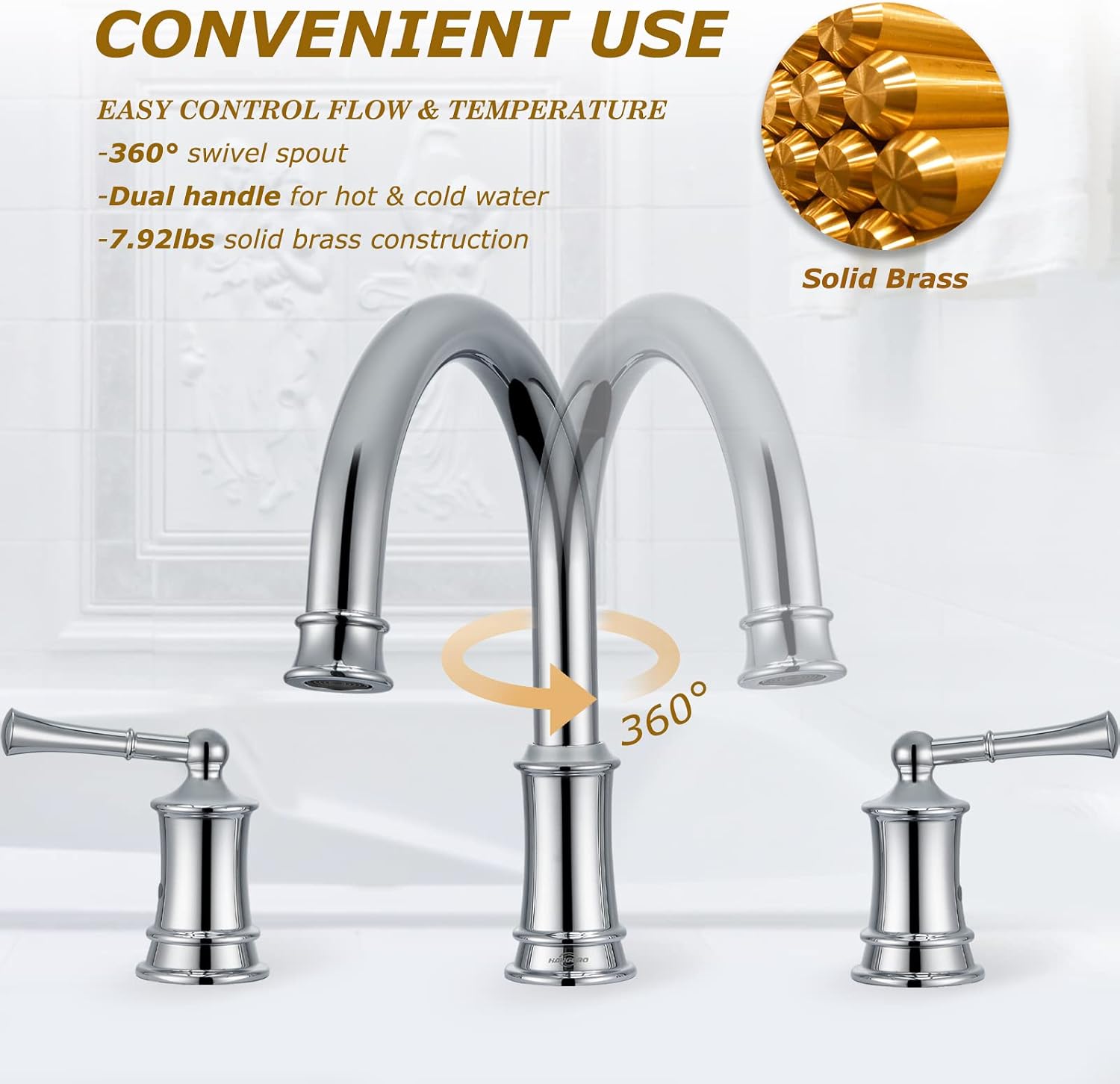 Polished Chrome Roman Tub Faucet, Antique Bathtub Faucet Set 3 Hole, High Flow Bath Tub Faucet 12-16 inch Widespread, Solid Brass Tub Filler 2 Handle 360° Swivel Spout Rough-in Valve(B2307-CP)