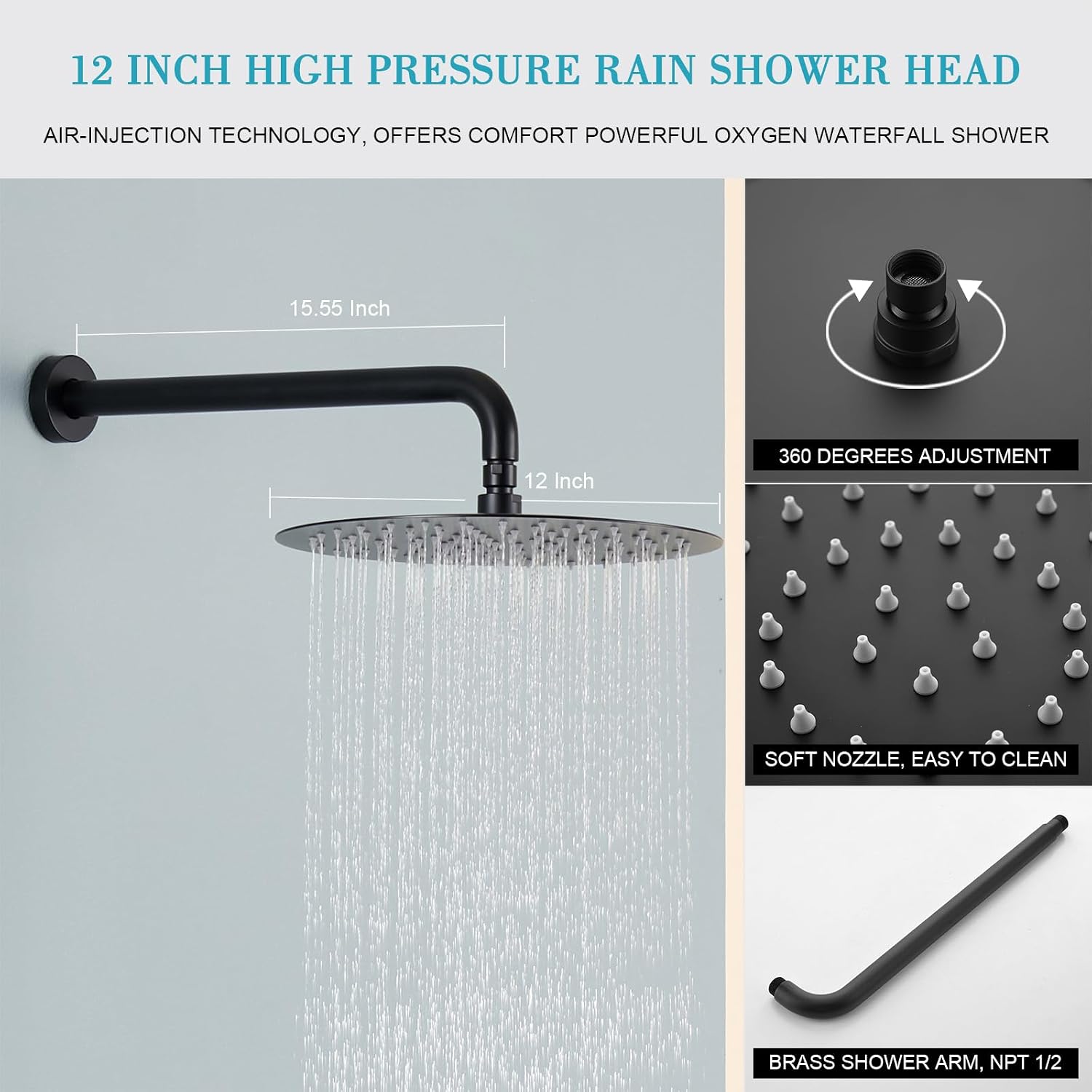 Matte Black Shower System, High Pressure Shower Faucets Sets Complete Has 12 Inches Matte Black Shower Head and Handle Set, Shower Fixtures with Brass Valve for Bathroom