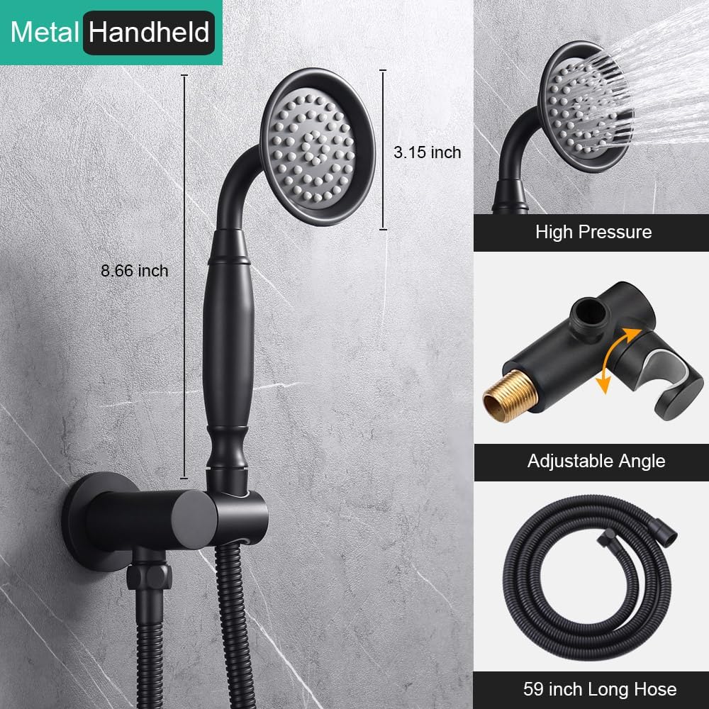 Matte-Black Vintage Shower-Faucet Sets, Antique Brass Shower System, Wall Mounted, 9' Rain Head and Handheld Spray, 2 Way Diverter Rough in Valve with Trim Kit