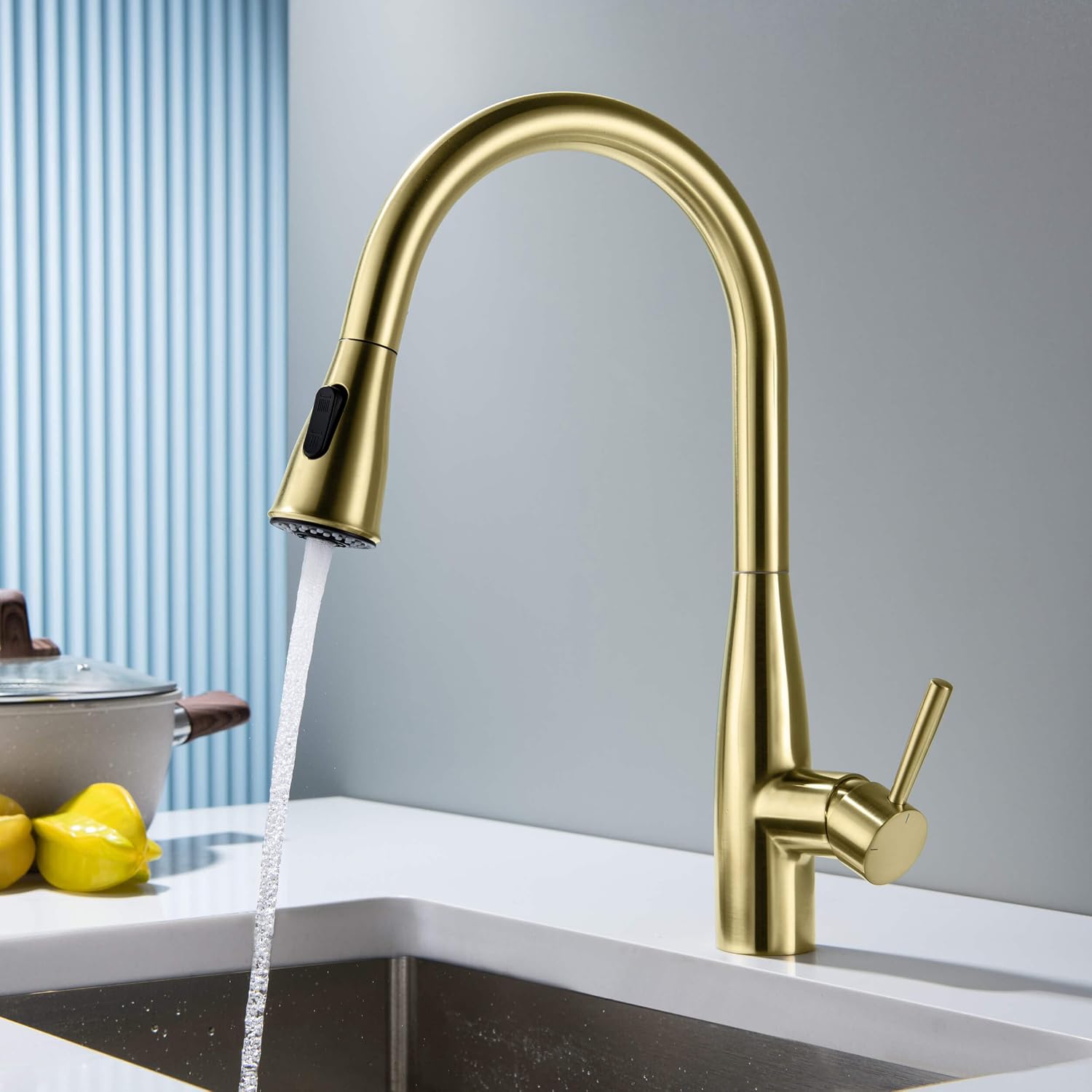 KIBI Bari-T Single Handle Pull Down Kitchen Faucet with High Arc Solid Brass Spout | 360-Degree Swivel, and Dual-Function Sprayer | Modern Pull Down Faucet for Kitchen Sink (Brushed Gold, KKF2016)