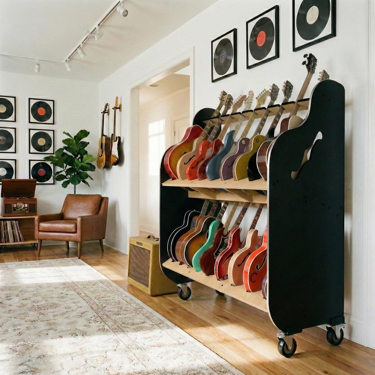 A&S Crafted Products Double-Stack 2-Tier Electric Guitar Rack - The Session-Pro | With Heavy-Duty Wheels and Holds 18 Instruments | Made in U.S.A.