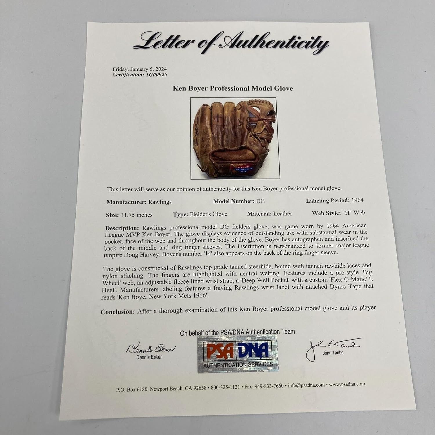 Ken Boyer 1964 MVP Season Signed Game Used Baseball Glove Cardinals PSA DNA COA - Autographed MLB Gloves