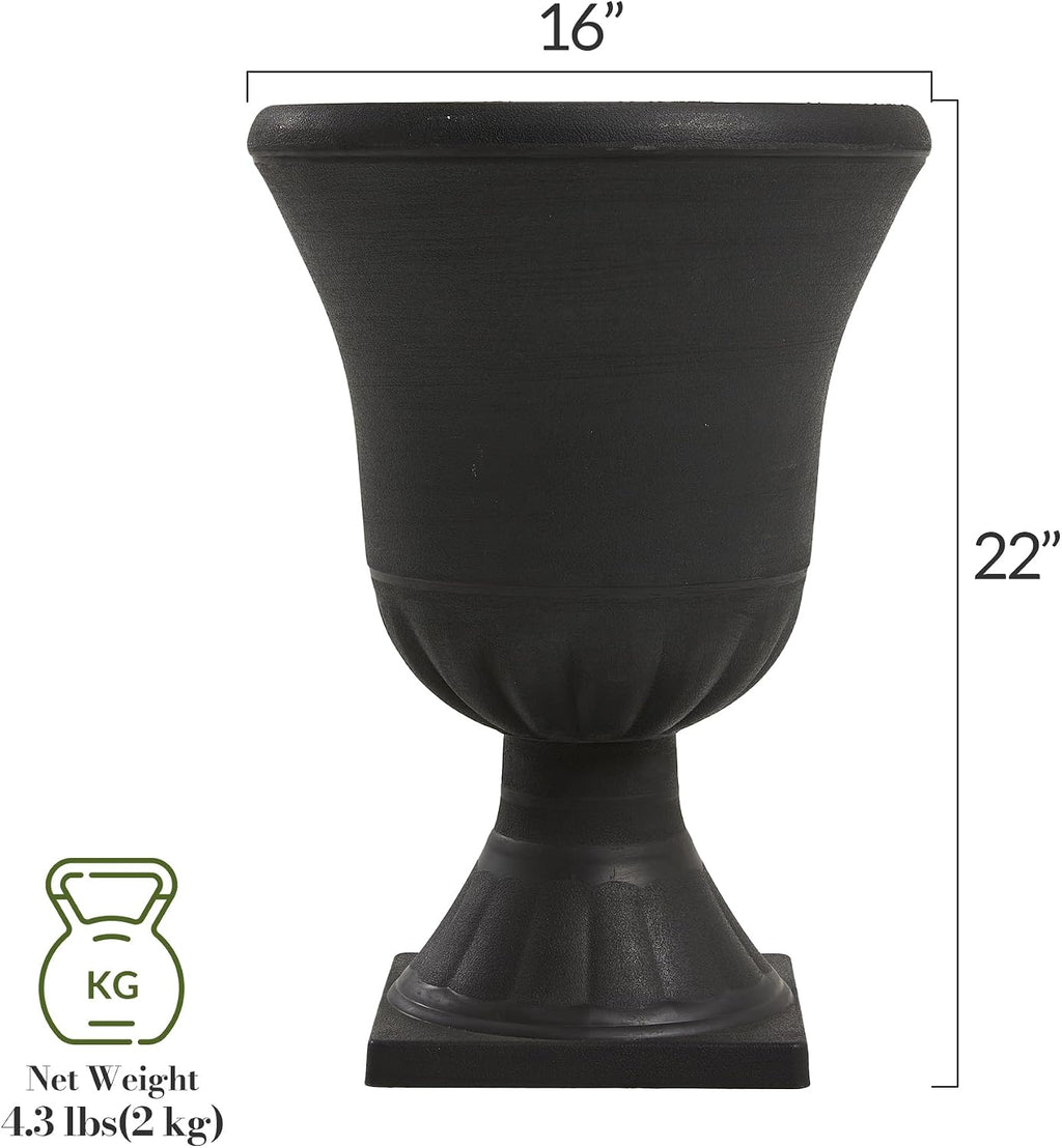 Worth Garden 2-Pack Plastic Urn Planters for Outdoor Plants, 22'' Black Tall Round Classic Resin Traditional Flower Pots - 15 in. Dia Large Imitation Stone Decorative Pot Patio Deck Front Porch
