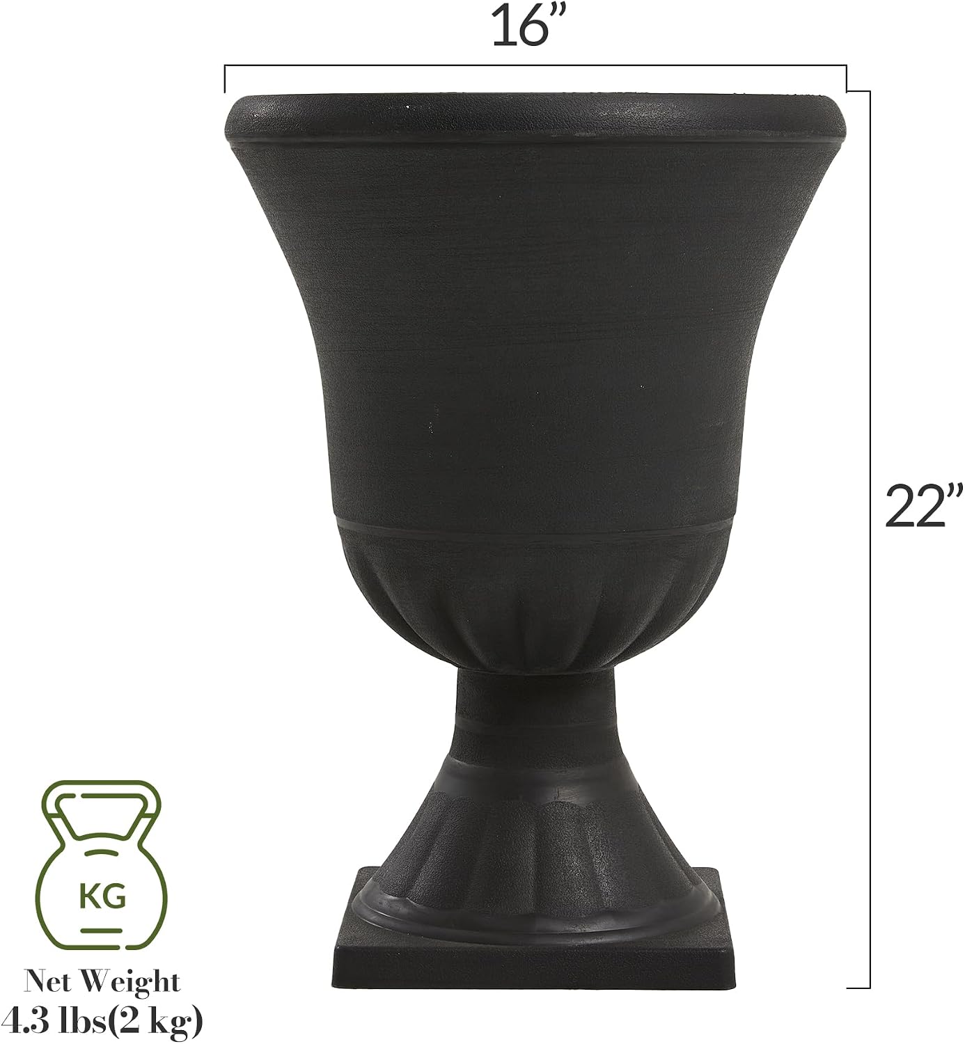 Worth Garden 2-Pack Plastic Urn Planters for Outdoor Plants, 22'' Black Tall Round Classic Resin Traditional Flower Pots - 15 in. Dia Large Imitation Stone Decorative Pot Patio Deck Front Porch
