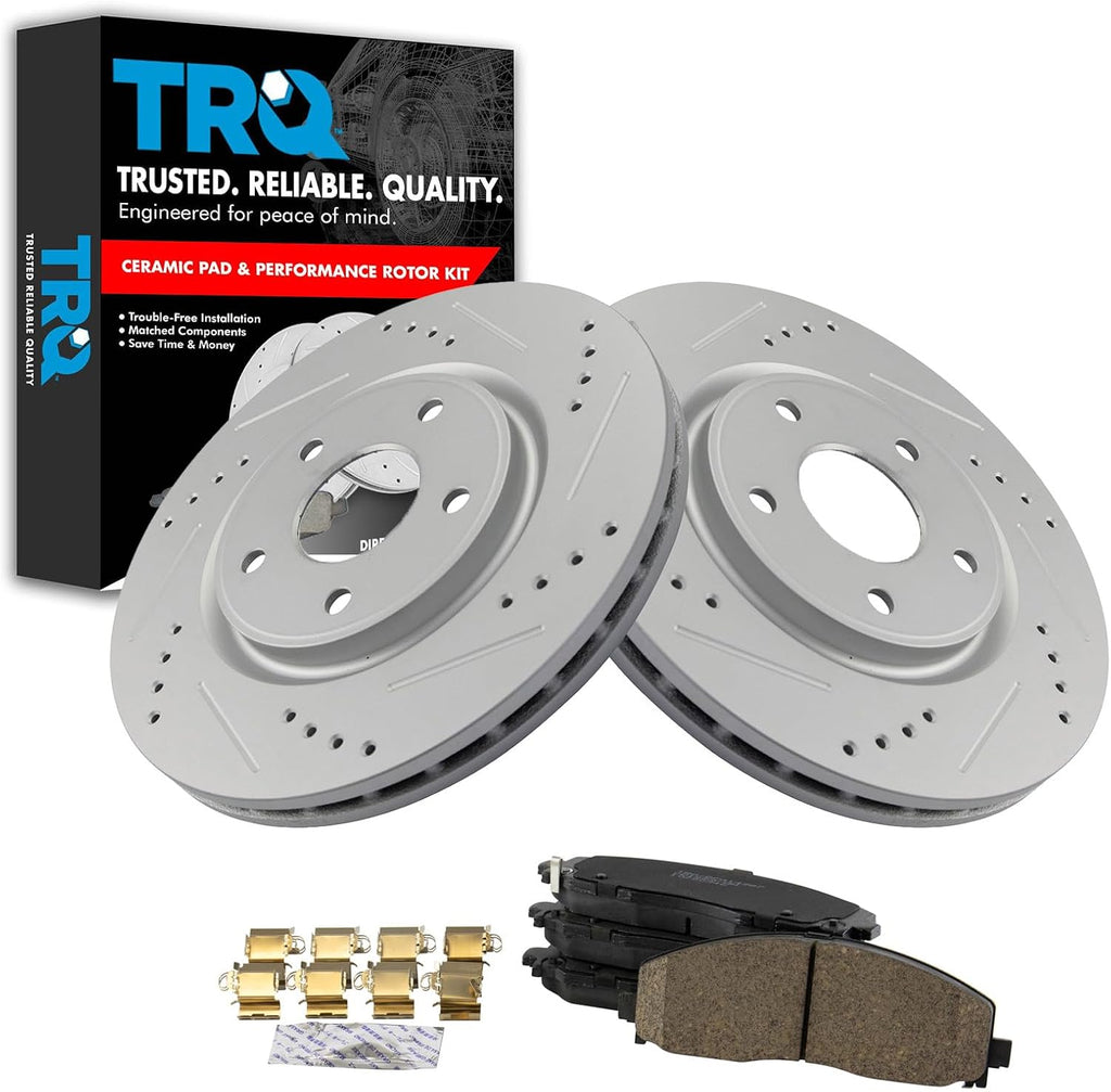 TRQ Performance Front Brake Pad and Rotor Set Ceramic Coated Drilled Compatible with 12-16 Chrysler Town & Country 12-20 Dodge Grand Caravan Journey 12-13 Volkswagen Routan 17-22 Pacifica Voyager