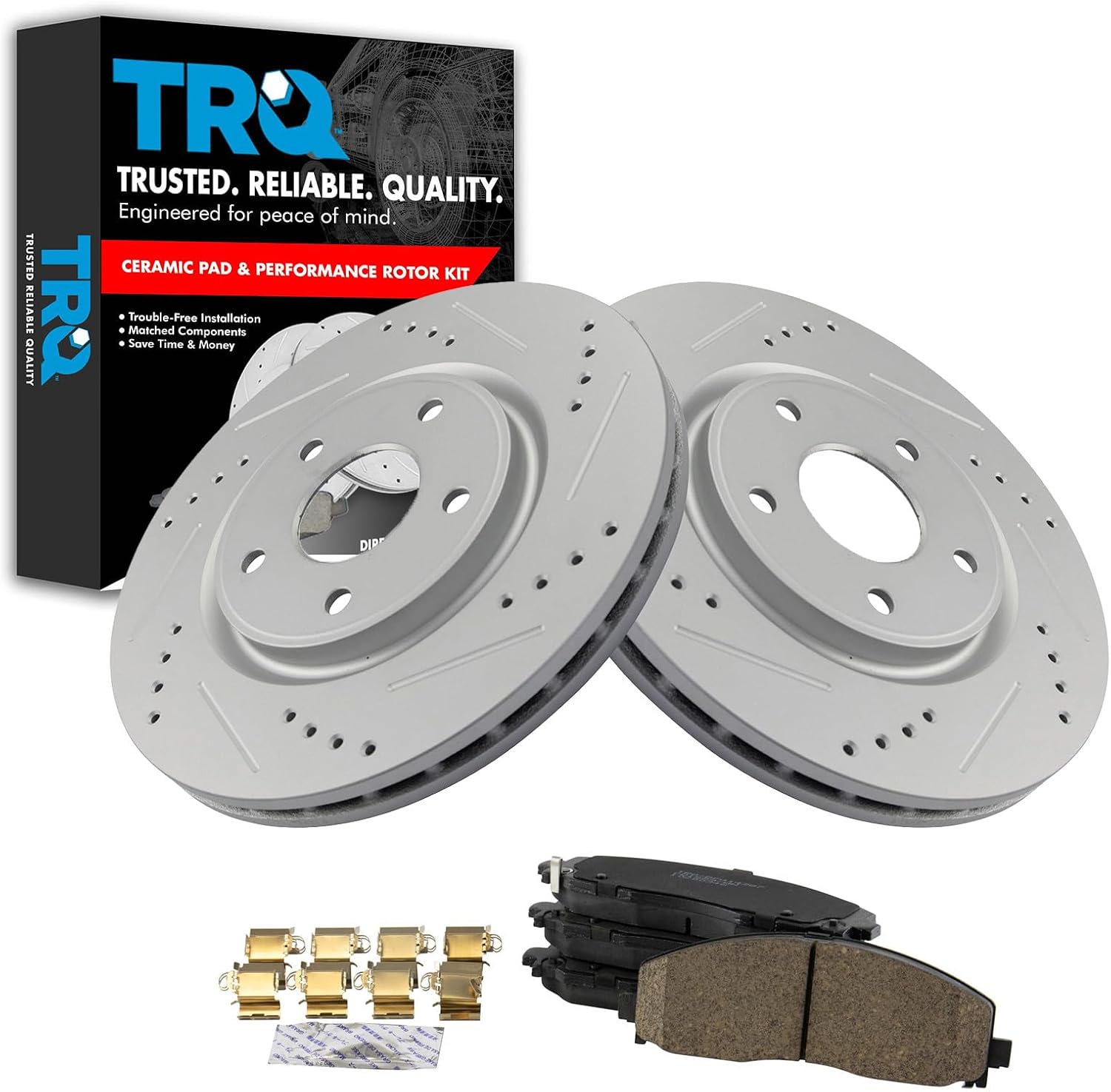 TRQ Performance Front Brake Pad and Rotor Set Ceramic Coated Drilled Compatible with 12-16 Chrysler Town & Country 12-20 Dodge Grand Caravan Journey 12-13 Volkswagen Routan 17-22 Pacifica Voyager