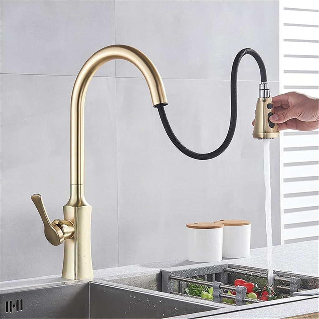 Kitchen Faucet Hot and Cold Water Mixer Faucet Kitchen Pull Out Mixer Crane 2 Function Spout Brass Water Mixer(Brushed Gold)