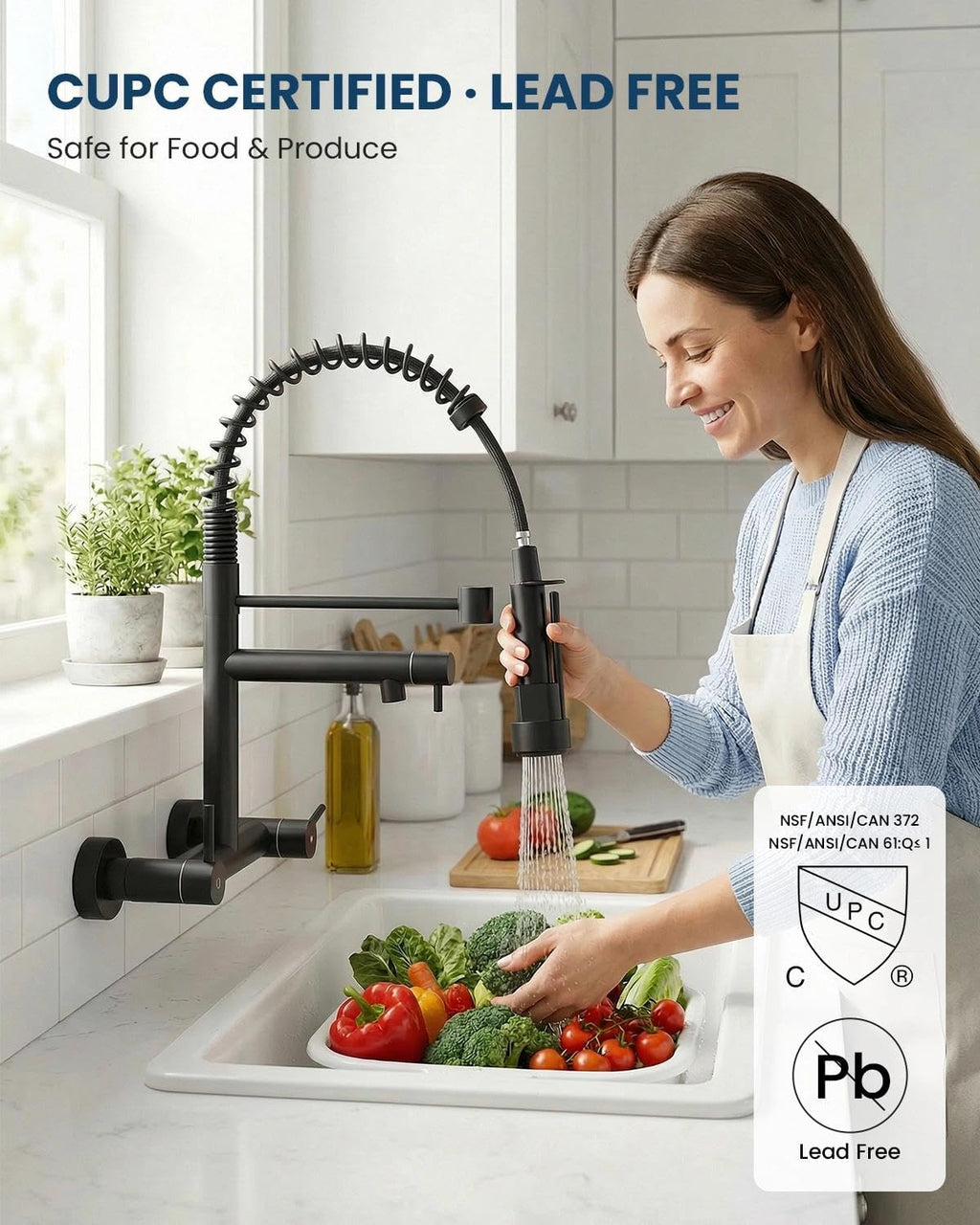 Wall Mount Kitchen Faucet with Pull Down Sprayer, 8 Inch Center Commercial Matte Black Kitchen Sink Faucet, 304 Stainless Steel 2 Handle Sink Faucet for Kitchen
