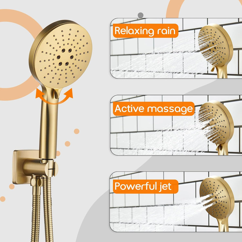Bathroom Shower Trim Kit with 10'' High Pressure Rain Shower Head, 3-Function Handheld Spray and Valve Included, Wall Mounted Gold Finish SF001GD-D10