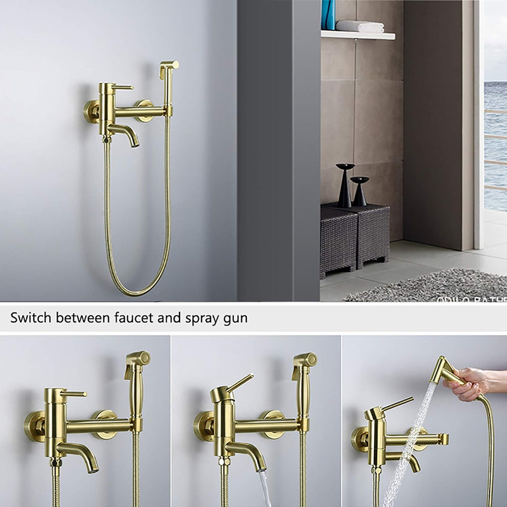 Wall Mounted Handheld Bidet Sprayer for Toilet, Brass Bathroom Cloth Diaper Set with Cold and Hot Water, Brushed Gold Kit for Personal Hygiene,Type b(Type a)