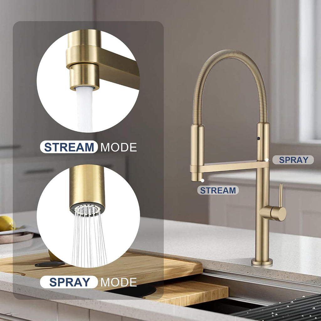 Magnetic Docking Kitchen Faucet with Pull Down Sprayer, Dual-Function Spray and 360 Degree Swivel, Commercial Spring Kitchen Faucet, Gold Brushed