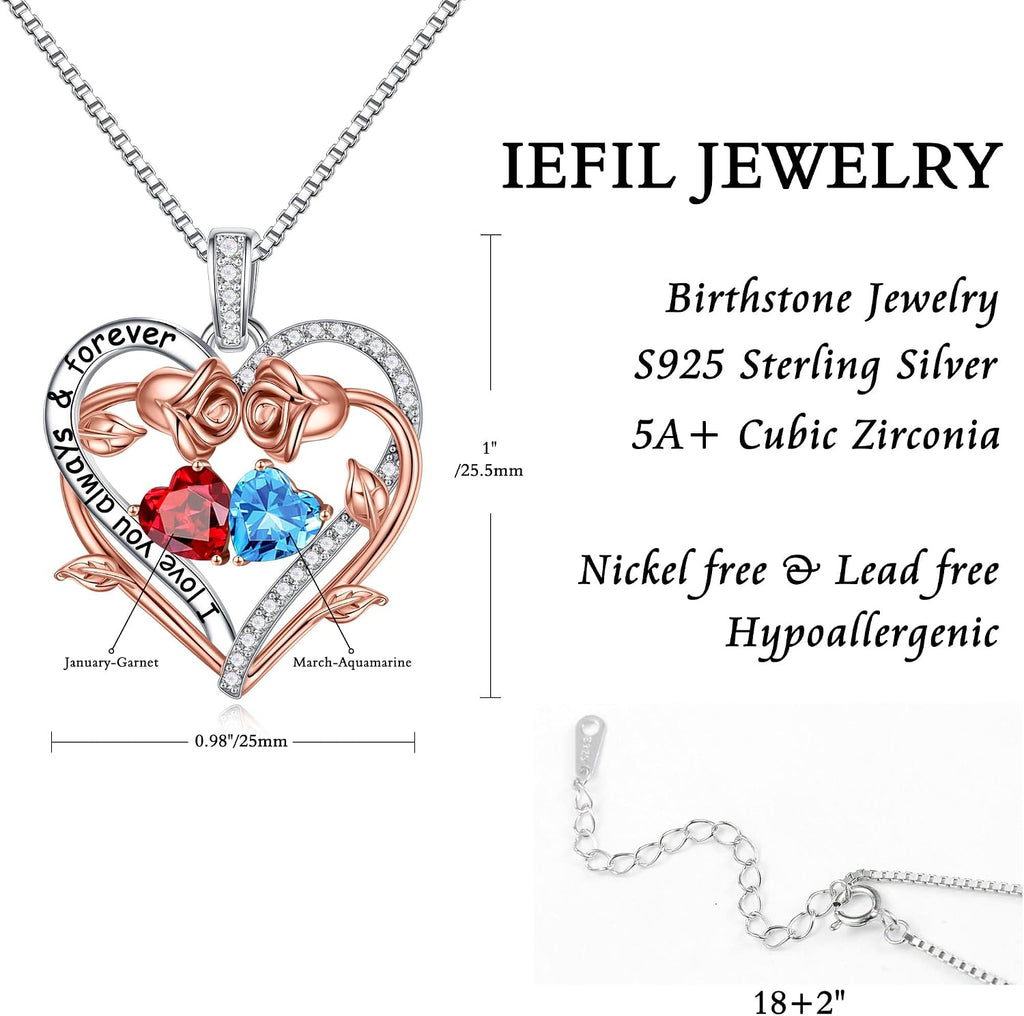Iefil Rose Heart Double Birthstone Necklace Gifts for Wife Girlfriend Her Women, Birthstone Jewelry Gemstone Birthday Gifts for Mom Grandma Her Wife Women