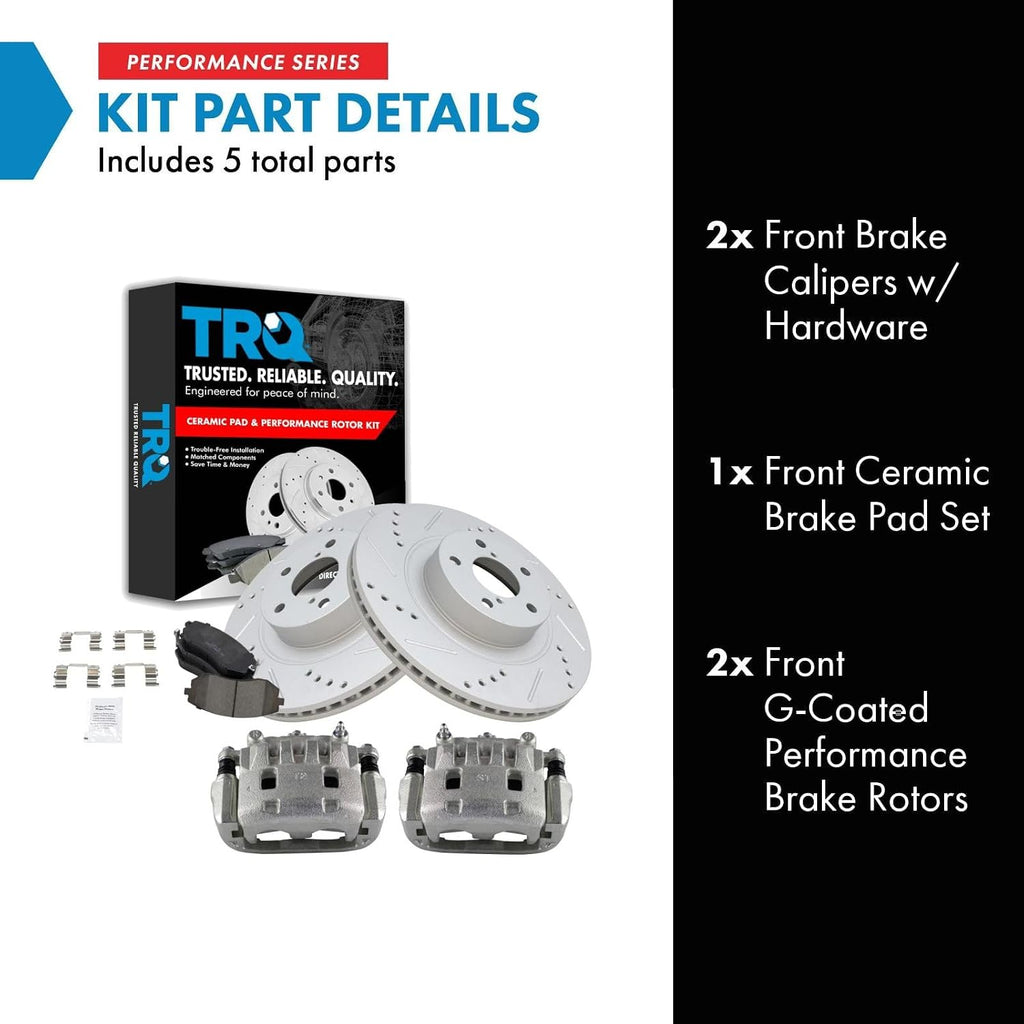 TRQ Performance Front Brake Pad and Rotor Set Ceramic Slotted Drilled G Coated Vented Rotors Calipers Compatible with 2005-2006 Subaru Baja 2009-2010 Forester 2006-2012 Legacy 2005-2012 Outback