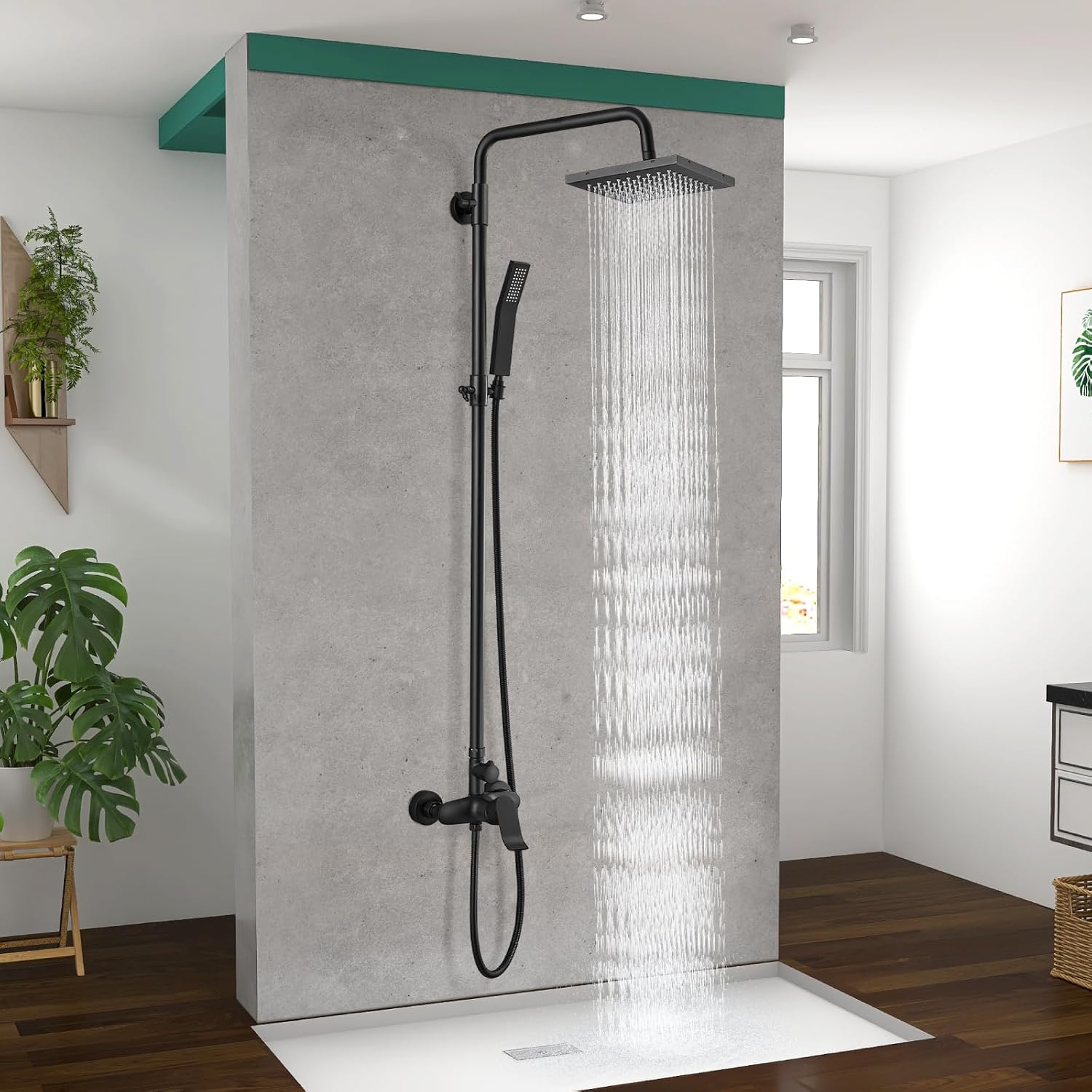 Heyalan Matte Black Exposed Shower System 2 Functional Bathroom Shower Set 8 Inch Square Rainfall Shower Head with Hand Sprayer Wall Mounted