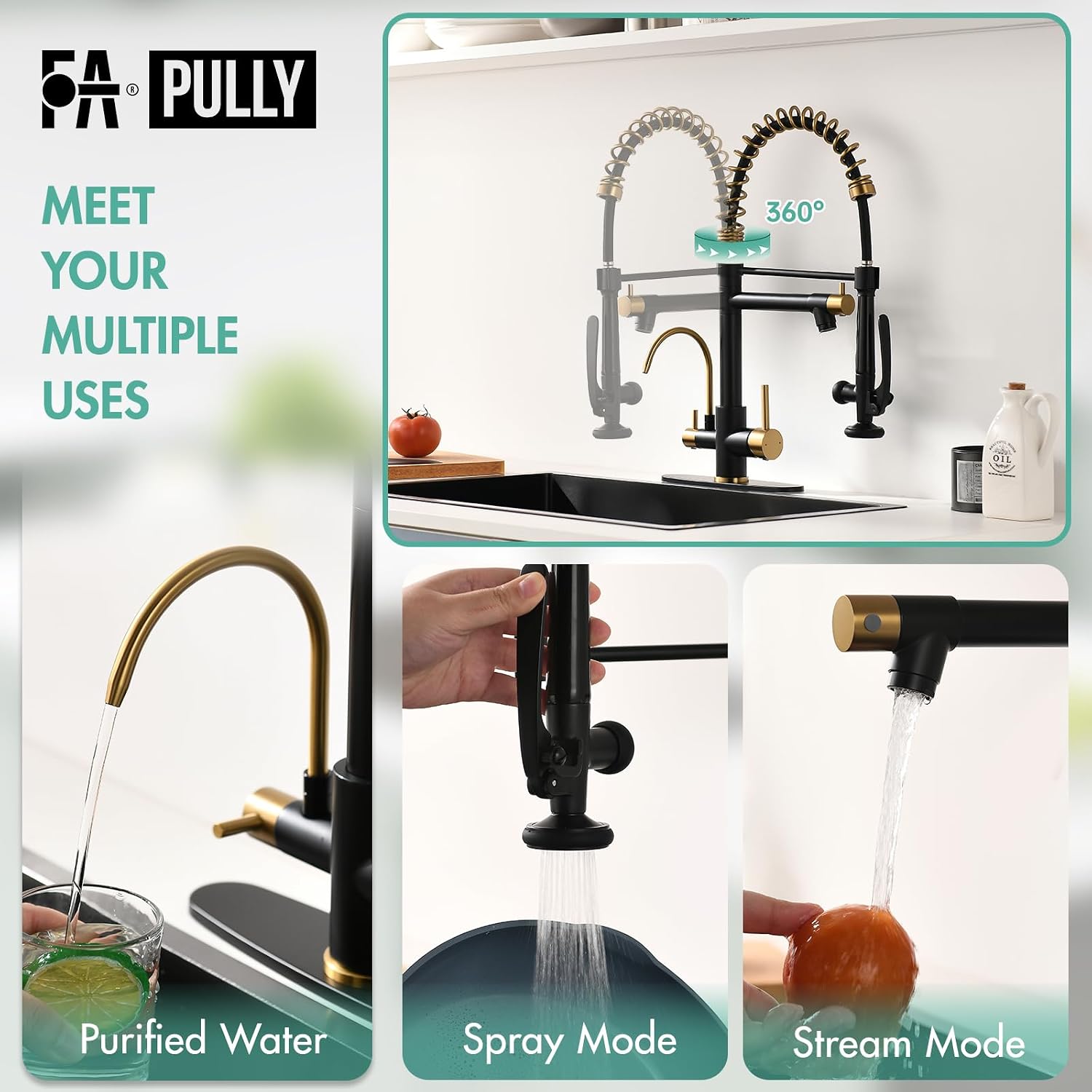 Fapully Commercial Kitchen Faucet with Pull Down Sprayer and Water Filter, Matte Black&Brushed Gold 3 in 1 Kitchen Faucets with Drinking Water Faucet for Kitchen Sink
