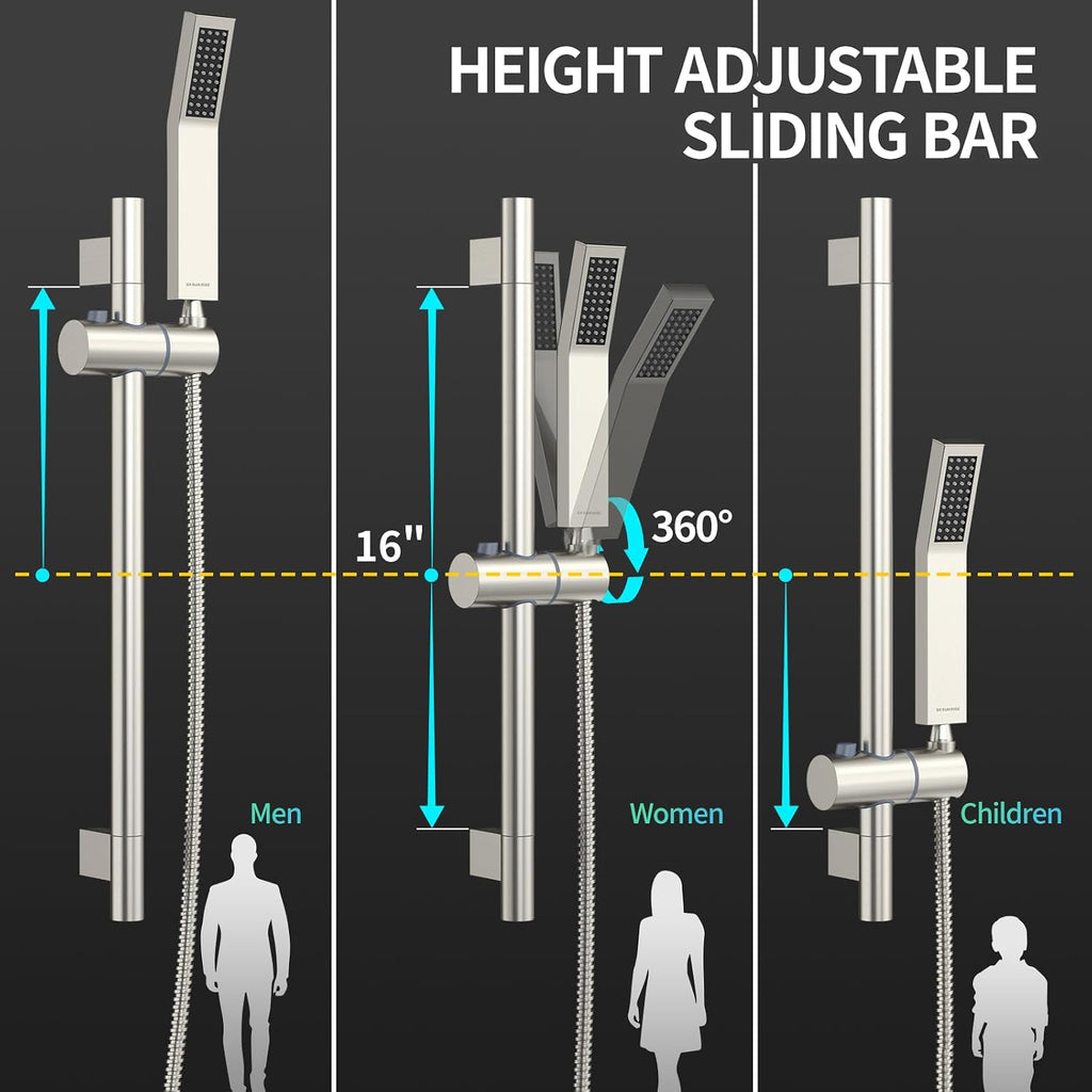 SR SUN RISE Shower System with 10' Rain Showerhead, Square Handheld Showerwith 16-Inch Slide Bar and 71-Inch Hose, Wall Mounted Shower Faucet Set Included Valve and Trim Kit, Brushed Nickel