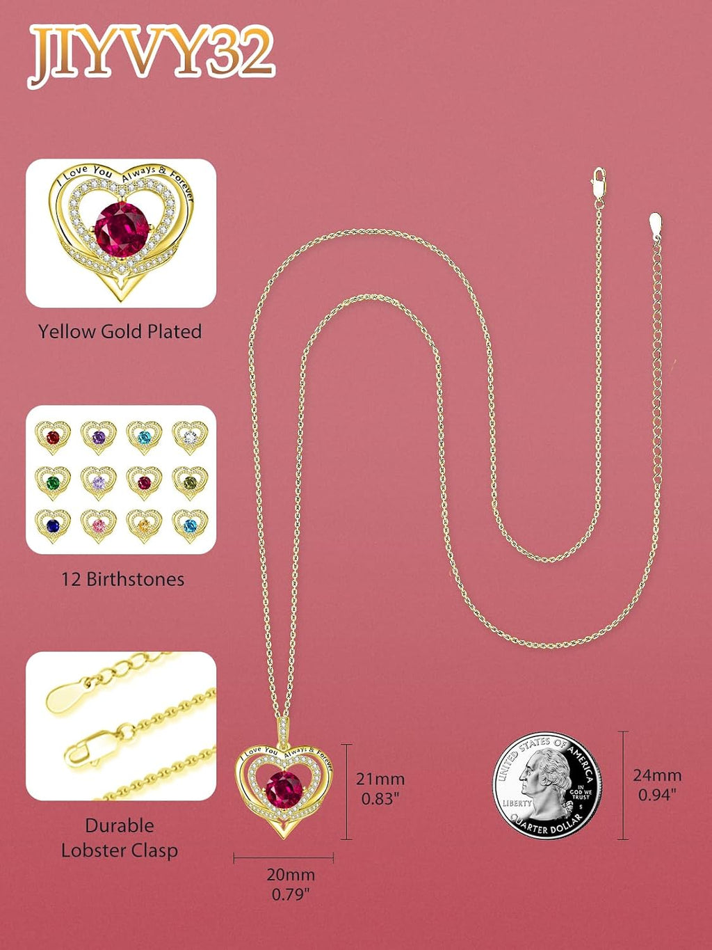 14K Gold Heart Necklaces for Women with Birthstone Pendant ，Double Hearts Necklace Jewelry Gift for Girlfriend Mom Anniversary Birthday Adjustable Chain 18' + 2' 'I Love You Always & Forever