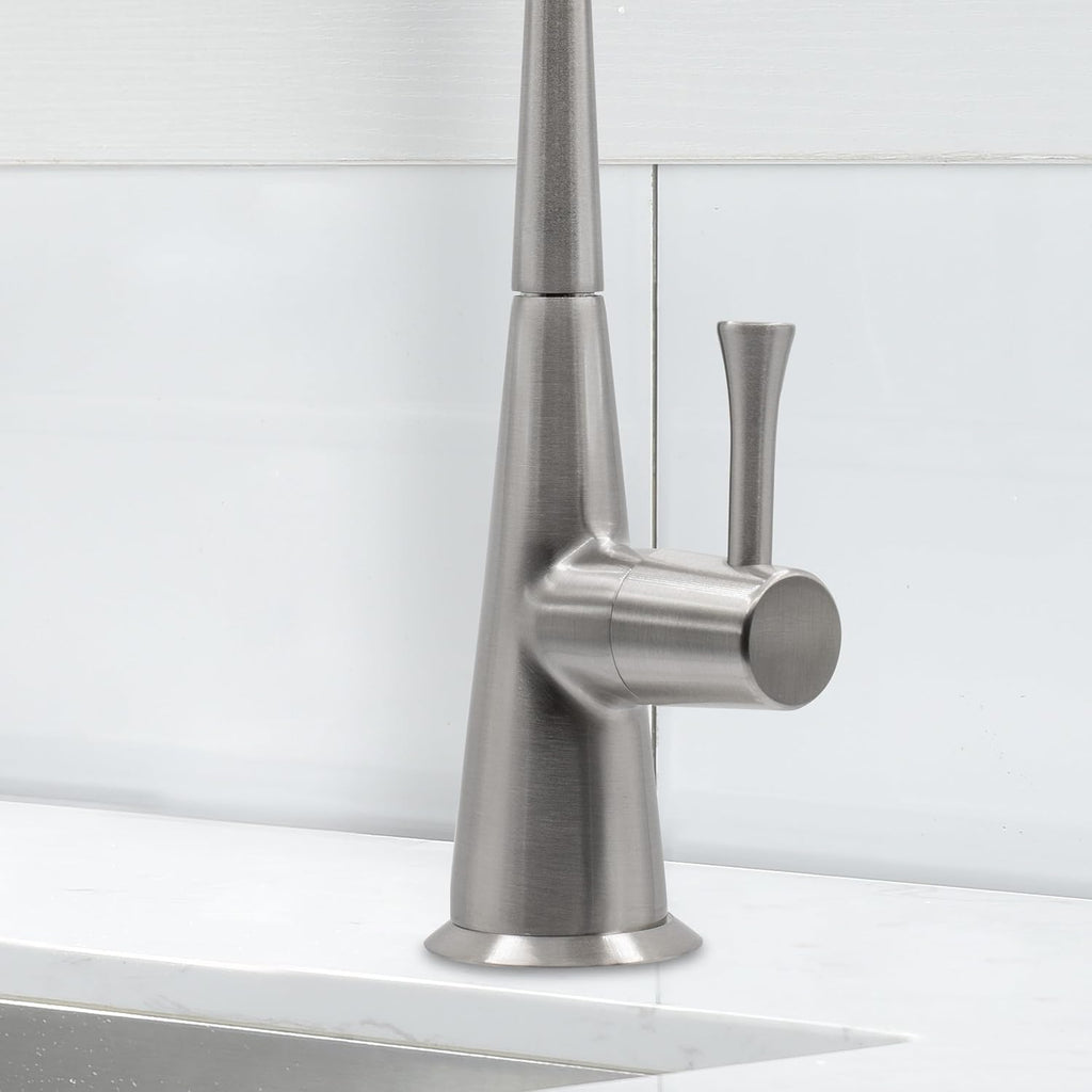 Metpure Airgap 3-Port Brass RO Faucet for Reverse Osmosis Drinking Water Systems. Features Pre-Installed Drain Tubes, Contemporary Design. Includes Wrench and Adapters. (Brushed Nickel)