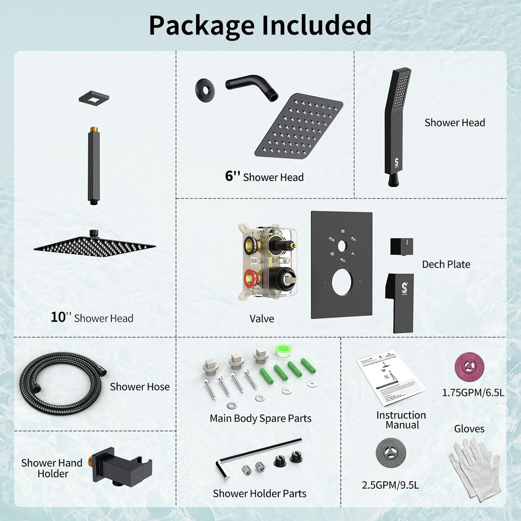 Shower Faucet Set Shower System - SR SUN RISE Matte Black Shower Trim Kit with Dual Shower Head, 10'' Ceiling Rainfall 6'' Wall Mount with Handheld Shower for Couples, Complete 6 Diverter Valve