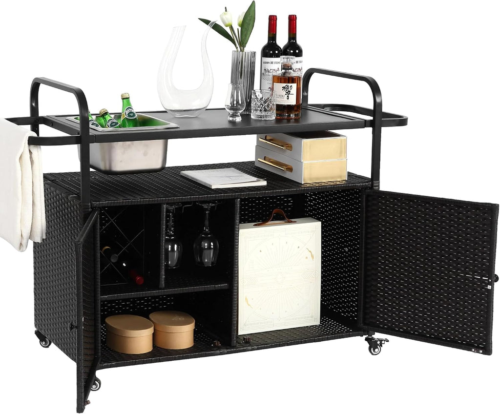 Outdoor Wicker Bar Table, All-Weather Rolling Rattan Bar Cart with Lockable Wheels, Steel Top and Ice Bucket, Outdoor Storage Cabinet Waterproof for Patio, Garden, Poolside, Backyard, Black