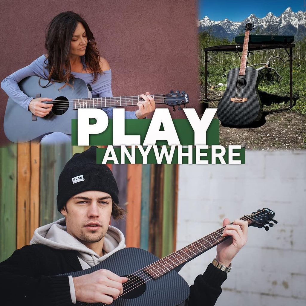 KLOS Full Size Deluxe Guitar, Durable Carbon Fiber Acoustic Electric Guitar - Black with Gig Bag, Strap, Capo, and more