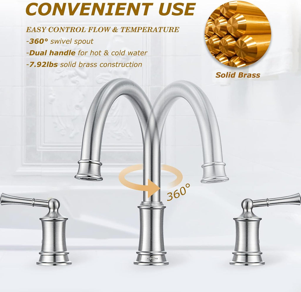 Brushed Nickel Roman Tub Faucet, Antique Bathtub Faucet Set 3 Hole, High Flow Bath Tub Faucet 12-16 inch Widespread, Solid Brass Tub Filler 2 Handle 360° Swivel Spout Rough-in Valve(B2307-BN)