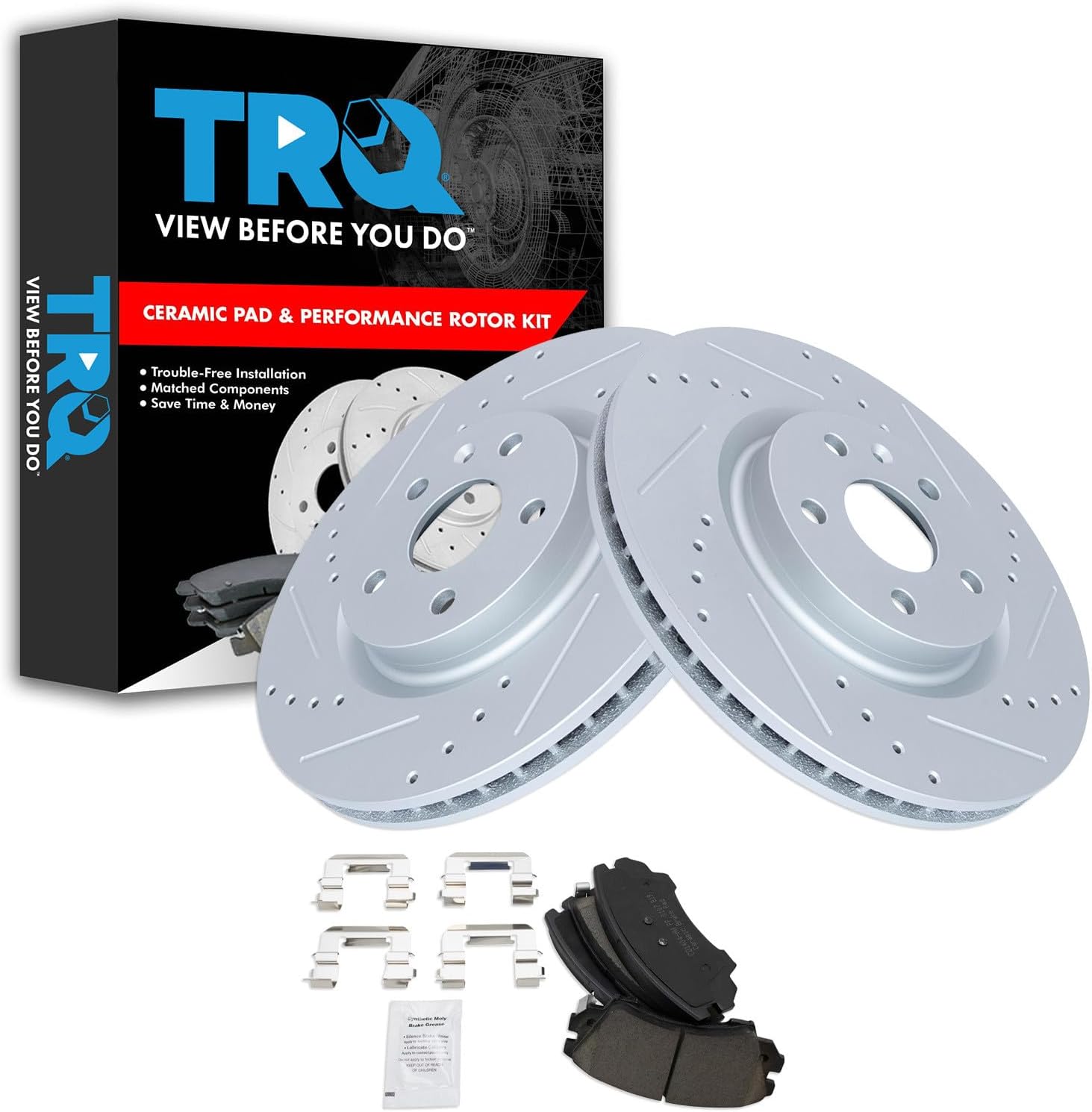 TRQ Performance Front Brake Pad and Rotor Set Ceramic Coated Drilled Slotted Rotors Compatible with 2011-2017 Chevrolet Caprice