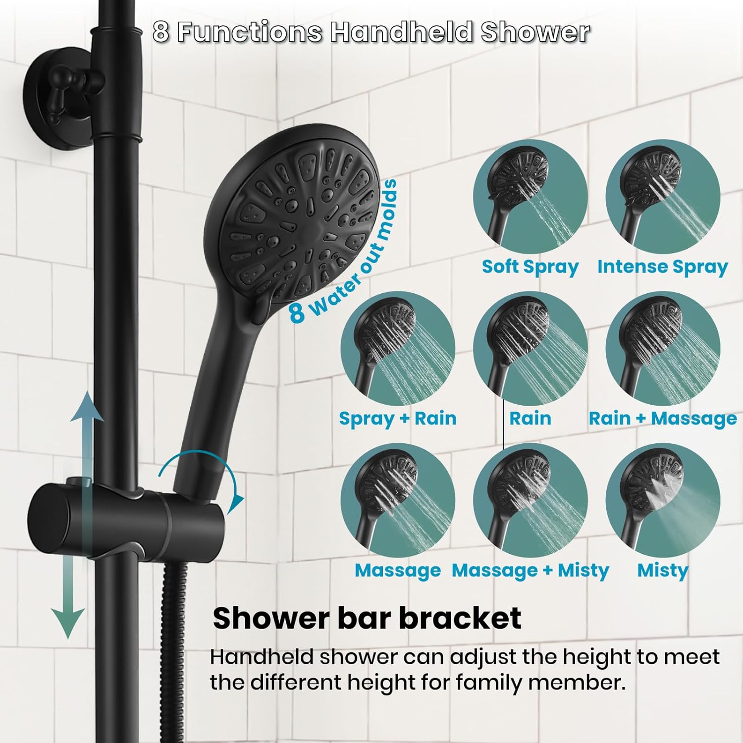 gotonovo Exposed Shower Faucet Set 8 Inch Rainfall Showerhead 3-Function Shower Fixture with Tub Spout 2 Corss Handles Shower System, Matte Black