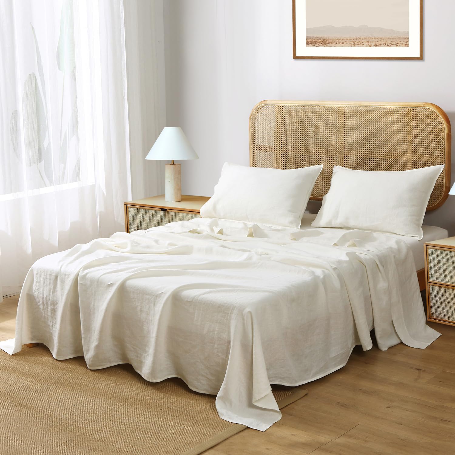 S VICTORY SYMBOL Pure Linen Sheets Set,100% Organic French Natural Flax Bedding with Stone Washed,King Size Bed Sheets 4pcs-1 Flat Sheet,1 Fitted Sheet,2 Pillow Cases(Creamy White)