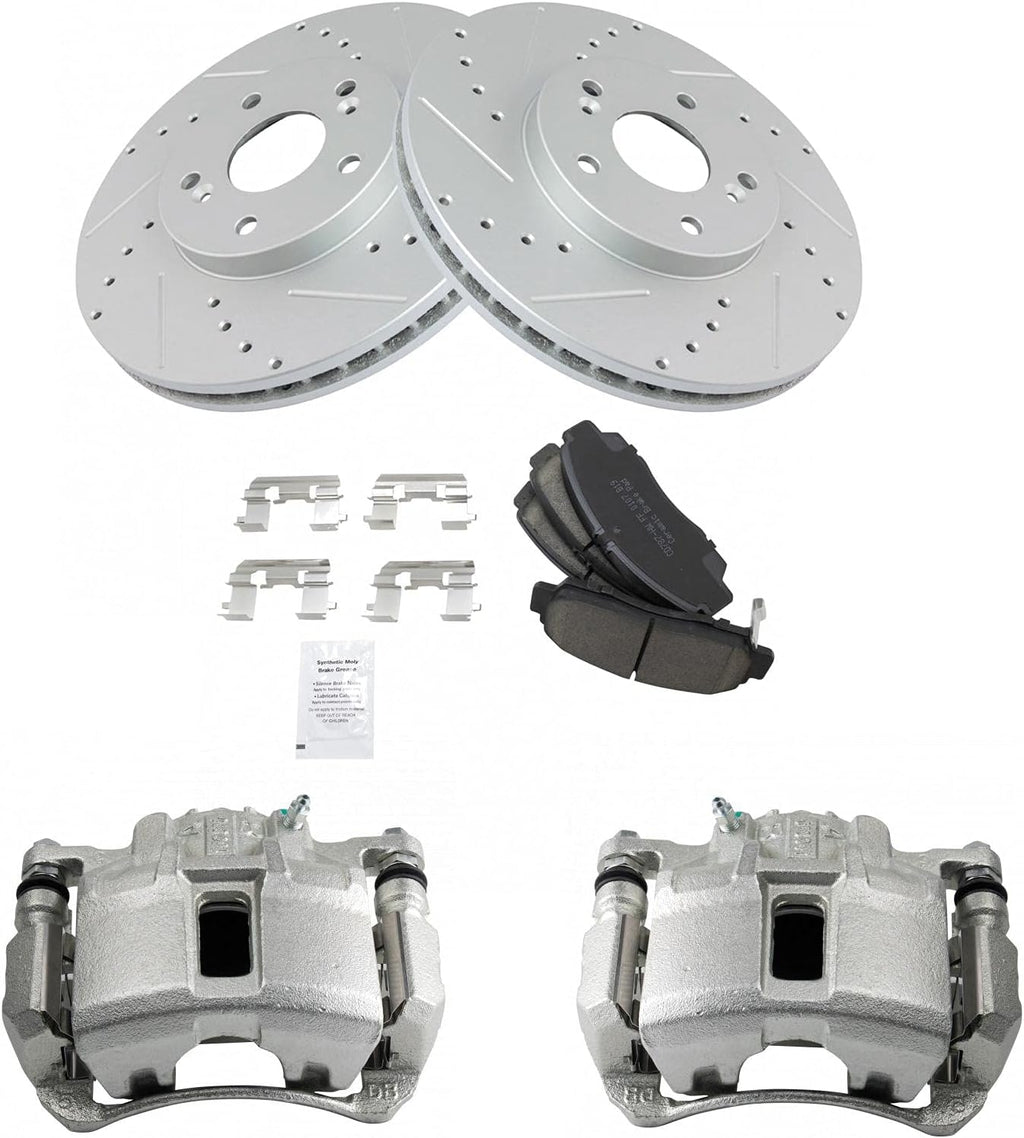 TRQ Performance Front Brake Pad and Rotor Set Ceramic Vented Coated Drilled Slotted Rotors Calipers Compatible with 2003-2007 Honda Accord