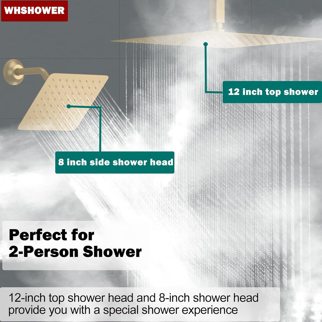 Dual Shower Heads Shower System with 12 Inch Ceiling Rainfall Shower Head and 8 Inch Side Shower Head Digital Display Shower Fixtures Luxury Shower Faucet Set,Brushed Gold