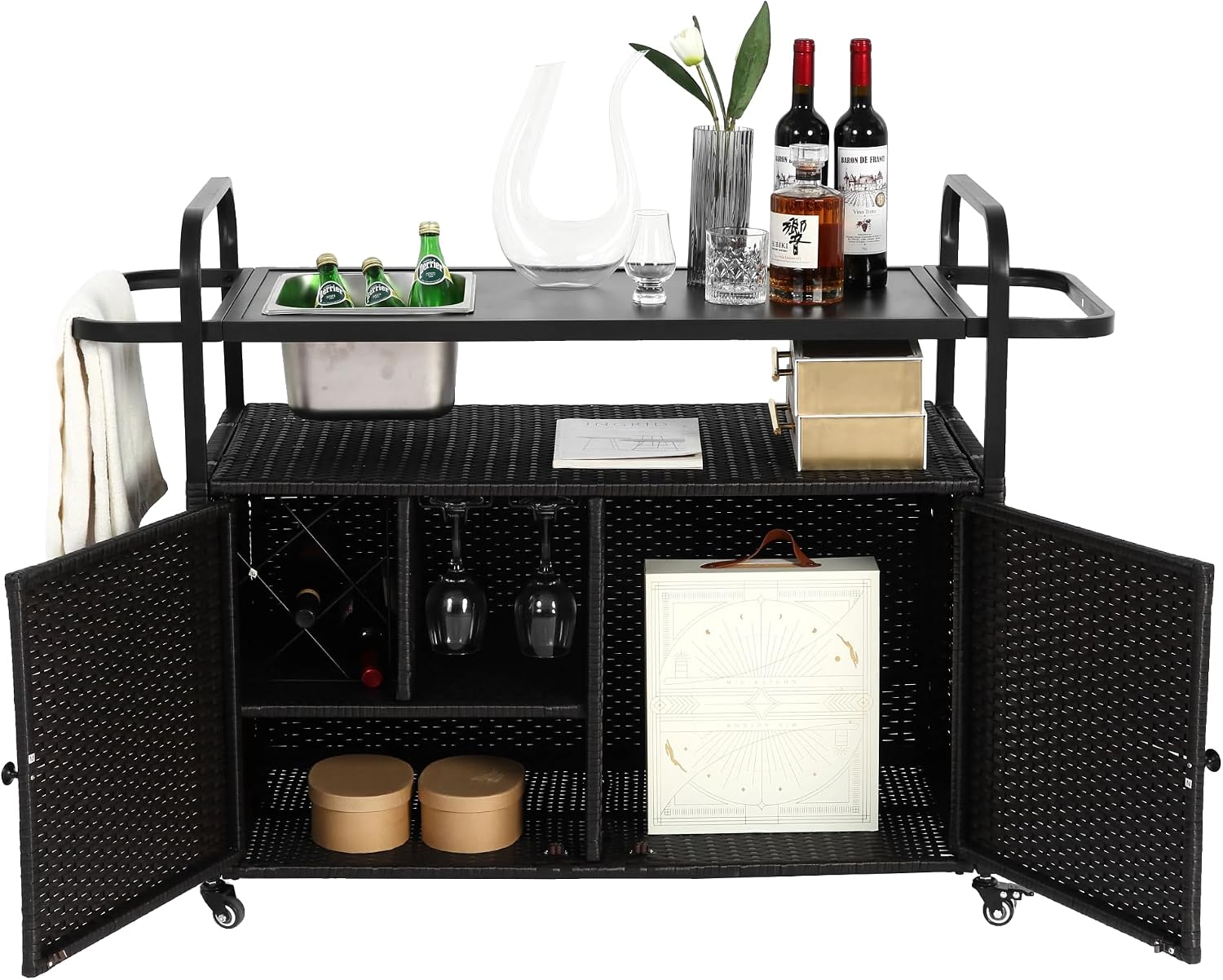 Outdoor Wicker Bar Table, All-Weather Rolling Rattan Bar Cart with Lockable Wheels, Steel Top and Ice Bucket, Outdoor Storage Cabinet Waterproof for Patio, Garden, Poolside, Backyard, Black