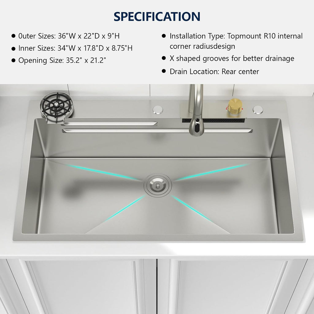 Logmey 36x22 Drop in Waterfall Sink Nano PVD All in One Workstation Sinks with Temperature Control Knob,16 Gauge Stainless Steel,Ideal for Home Cooking,Cleaning & Daily Kitchen Use,Double Step,5 Hole
