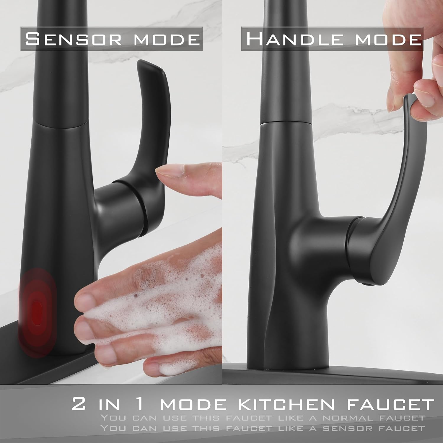 Matte Black Touchless Kitchen Faucet with Pull Down Sprayer, Single Handle Motion Sensor Kitchen Faucet 1 Hole, Stainless Steel Hands Free Black Kitchen Faucet for Sink 1 or 3 Hole