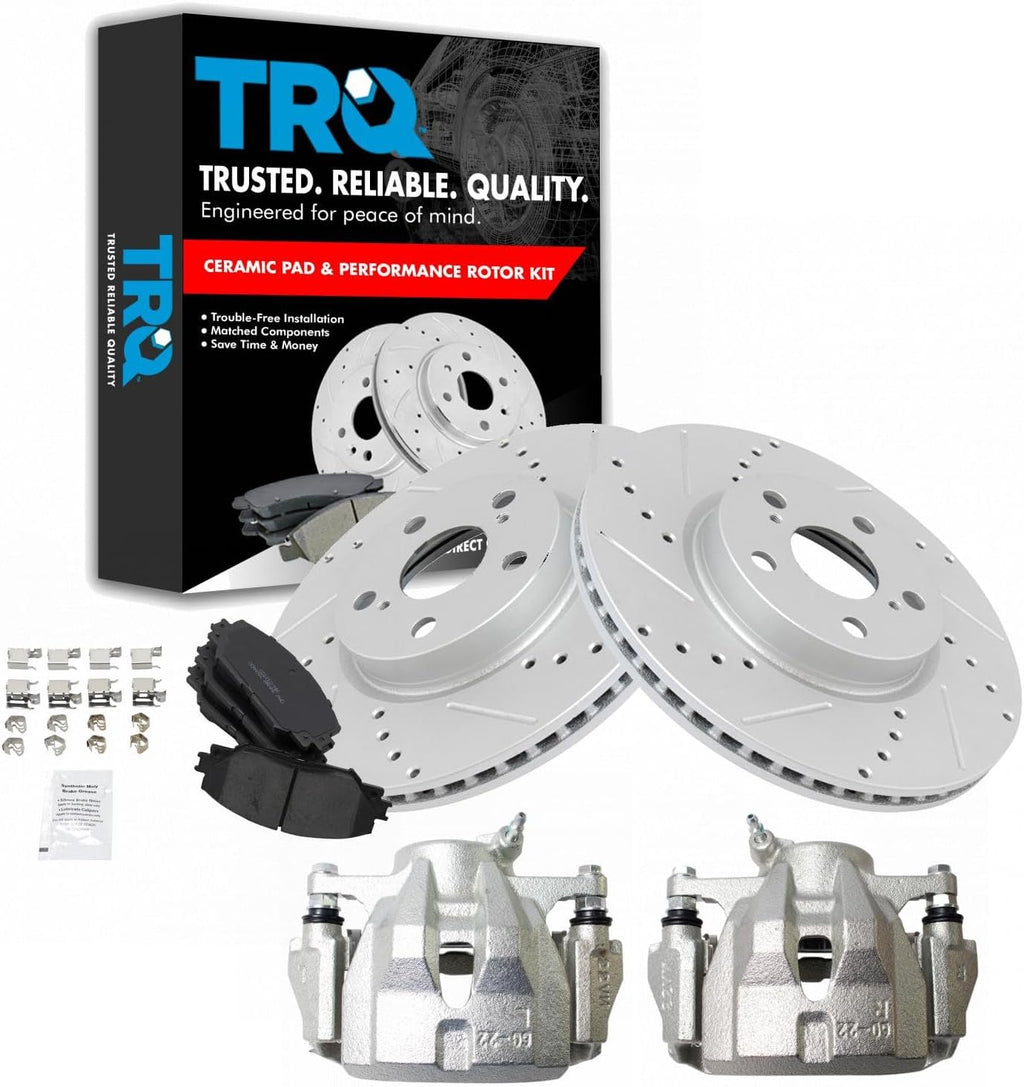 TRQ Performance Front Brake Pad and Rotor Set Ceramic Drilled Slotted Coated Vented Rotors Calipers Compatible with 2009-2018 Toyota Corolla 2009-2013 Matrix 2008-2014 Scion xD 2009-2010 Pontiac Vibe