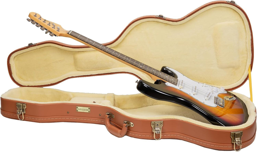 Crossrock Relief Series Electric Guitar Case for Telecaster & Stratocaster Style | Carved Red Wood Finish, Ivory Plush Interior, Lock (CRW630STRO)