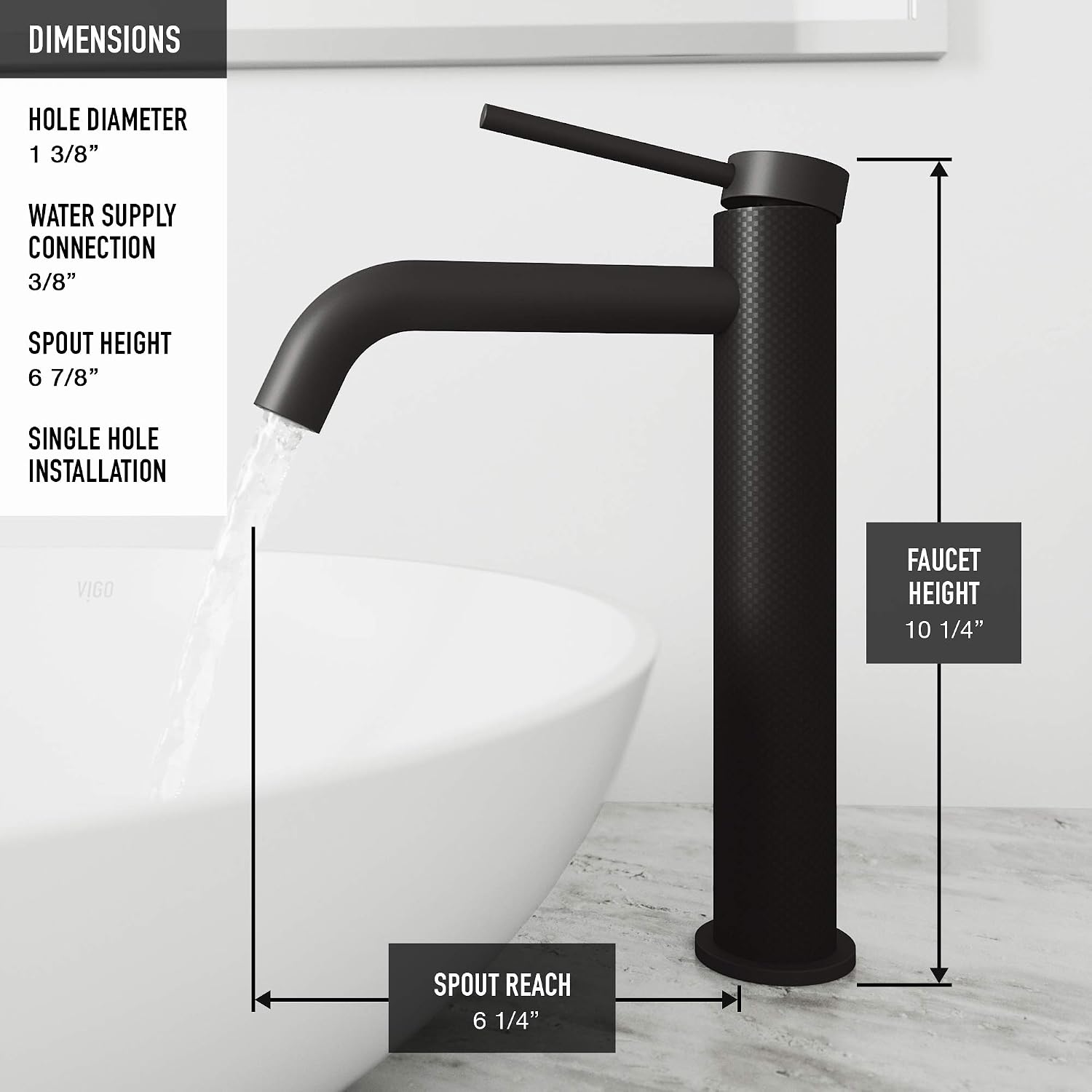 VIGO Lexington Single-Handle Single-Hole Mount Vessel Bathroom Sink Faucet, 10-Inch, Matte Black, Modern Design, Solid Brass, 1.2 GPM WaterSense & Ceramic Disc Valve, Corrosion-Resistant