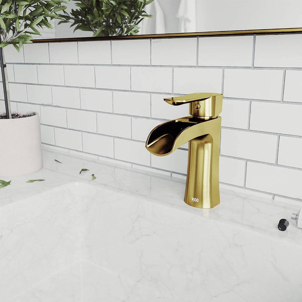 VIGO Paloma Waterfall Single-Handle Single-Hole Mount Bathroom Sink Faucet, 7-Inch, Matte Brushed Gold, Modern Design, Solid Brass, 1.2 GPM WaterSense & Ceramic Disc Valve - VG01041MG