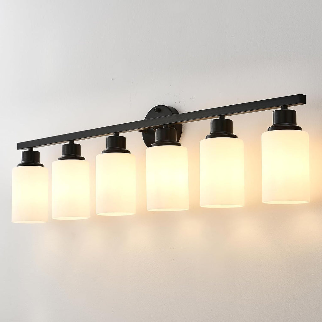 6-Light Matte Black Bathroom Vanity Light Modern Black Bathroom Light Fixtures Over Mirror Vintage Vanity Wall Sconce Light With White Glass Shade Wall Lamps For Living Room Bedroom Bulbs Not Included